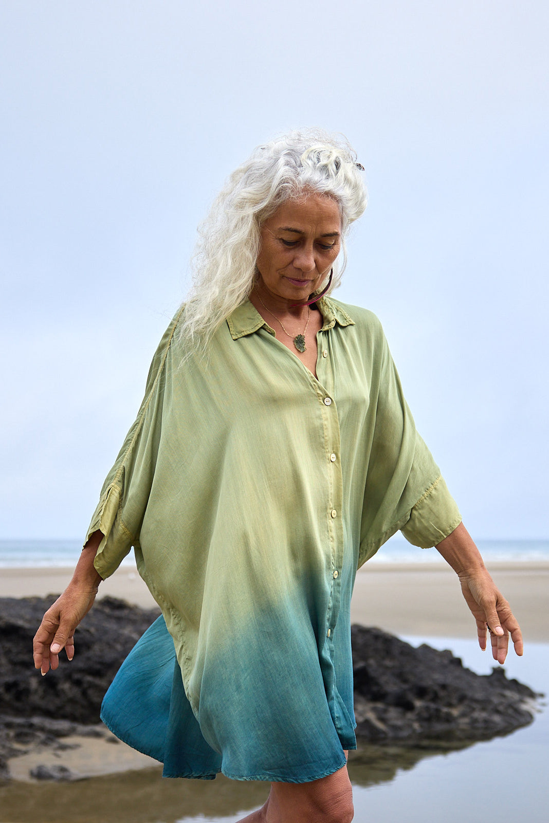 Chico Sheen shirt in teal dip, organic French batiste cotton with satin sheen, handmade in Bali